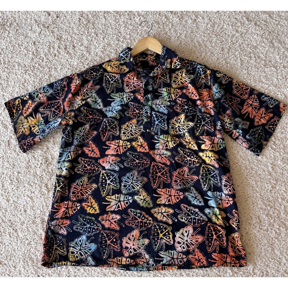 Pete Huntington Batik Shirt Men Large Navy Multicolor Excellent Leaf Popover